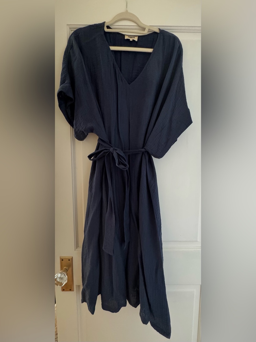 FRNCH Navy Textured V-Neck Midi Dress with Tie Waist